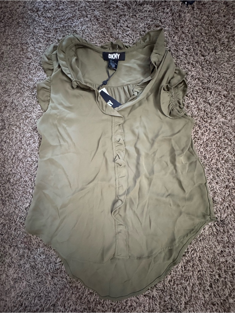 DKNY Olive Green Ruffle Cap-Sleeve Blouse